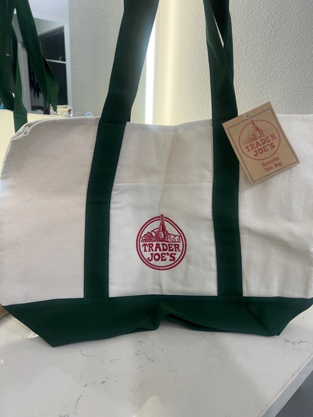 Trader Joe's Cream Canvas Tote with Dark Green Accents